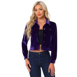 Allegra K Purple Velvet Cropped Jacket Large Button‎ Down Collared Coat NWT